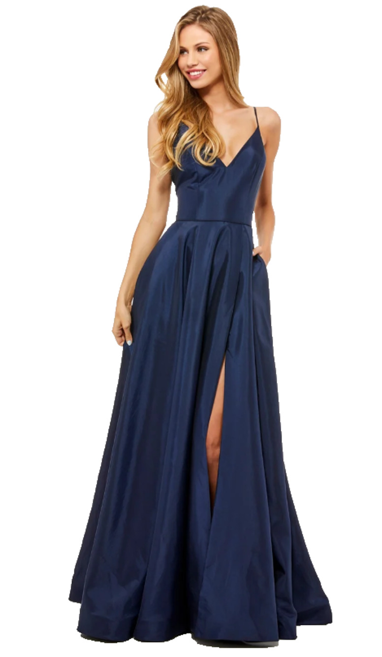 Sherri Hill Taffeta Gown Size 6 Navy Spaghetti Straps Slit Formal Dress 52245